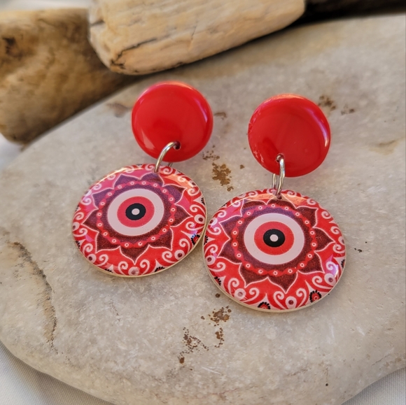 Mandala Red Acrylic Earrings - Picture 4 of 4